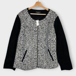 New TALBOTS Zip Front Fully Lined Herringbone Black White Sweater Jacket Sz 24W
